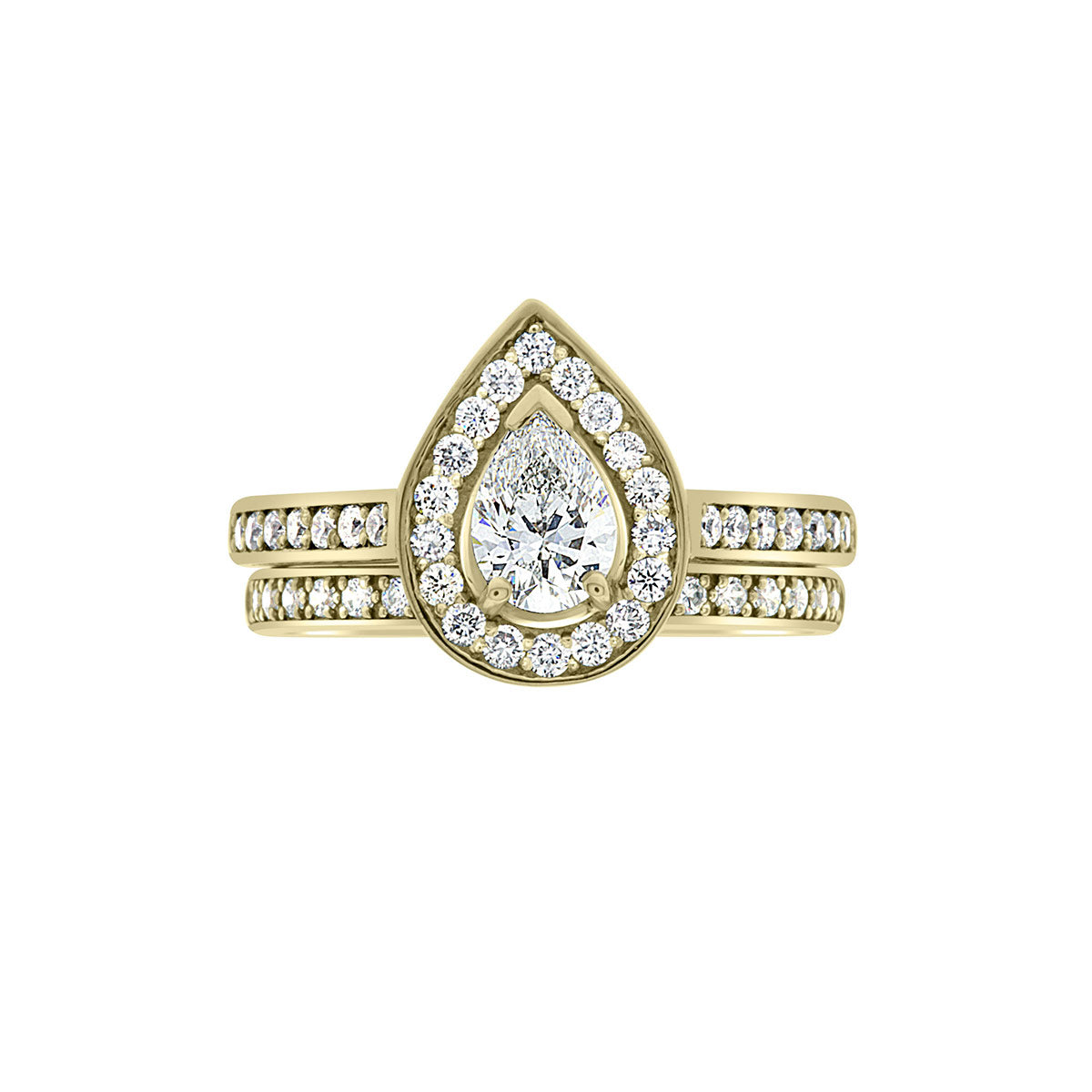 Pear Shaped Halo Engagement Ring in yellow gold, with diamond set wedding ring, white background