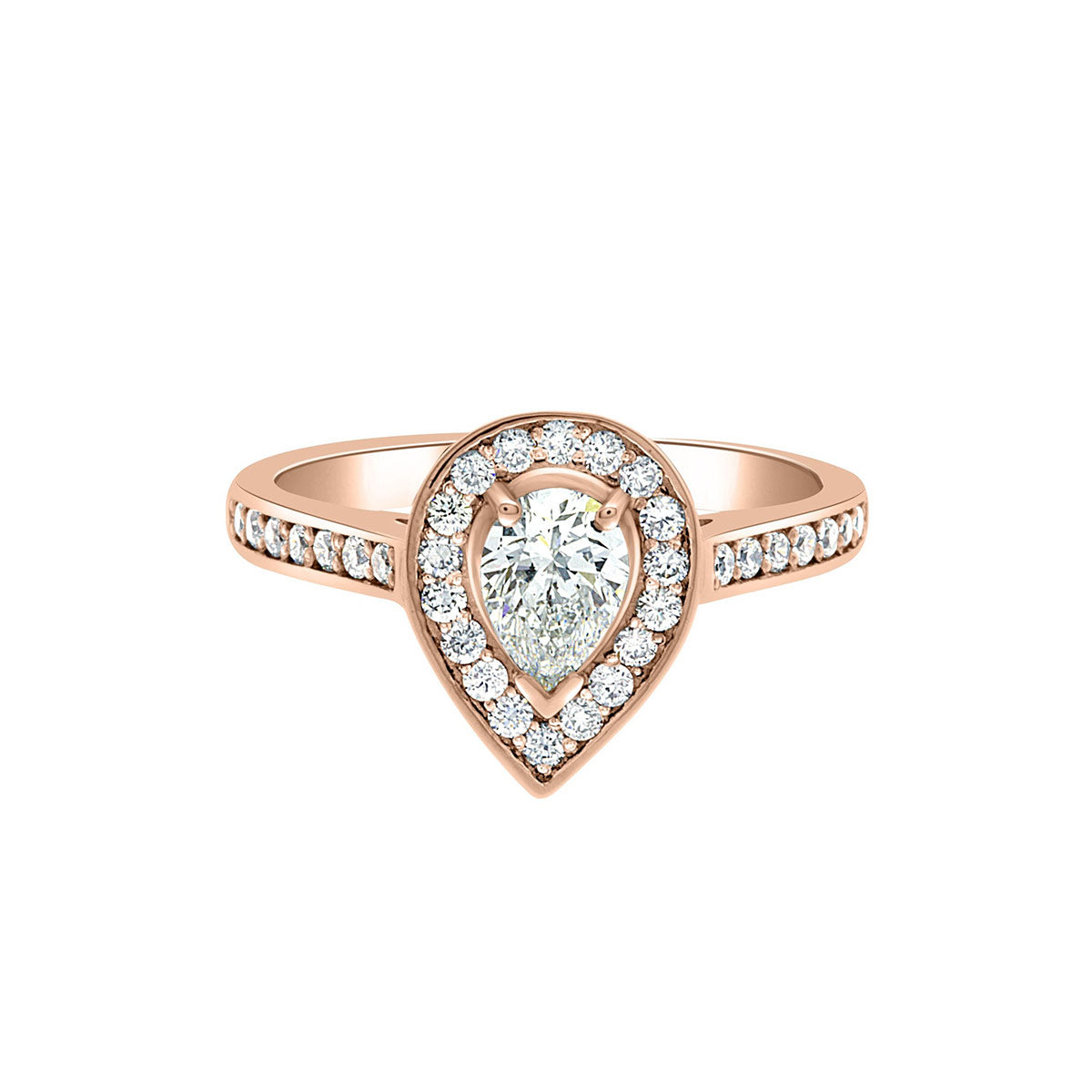 Pear Shaped Halo Engagement Ring in rose gold, laying flat on white surface, white background