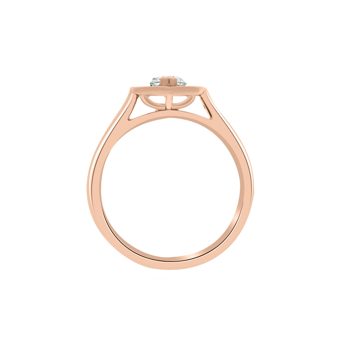 Pear Shaped Halo Engagement Ring in  Rose gold, upright position, white background