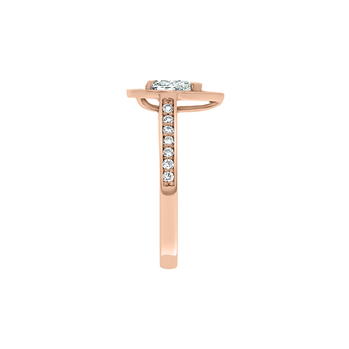 Pear Shaped Halo Engagement Ring in Rose gold, upright position, view from the side,white background