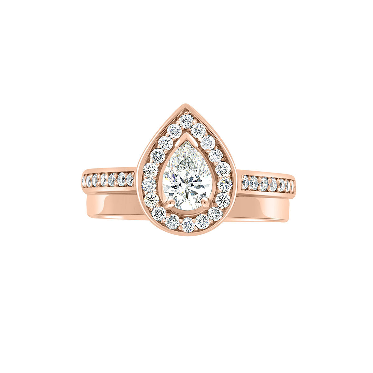 Pear Shaped Halo Engagement Ring in rose gold, with plain wedding ring, white background
