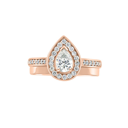 Pear Shaped Halo Engagement Ring in rose gold, with plain wedding ring, white background