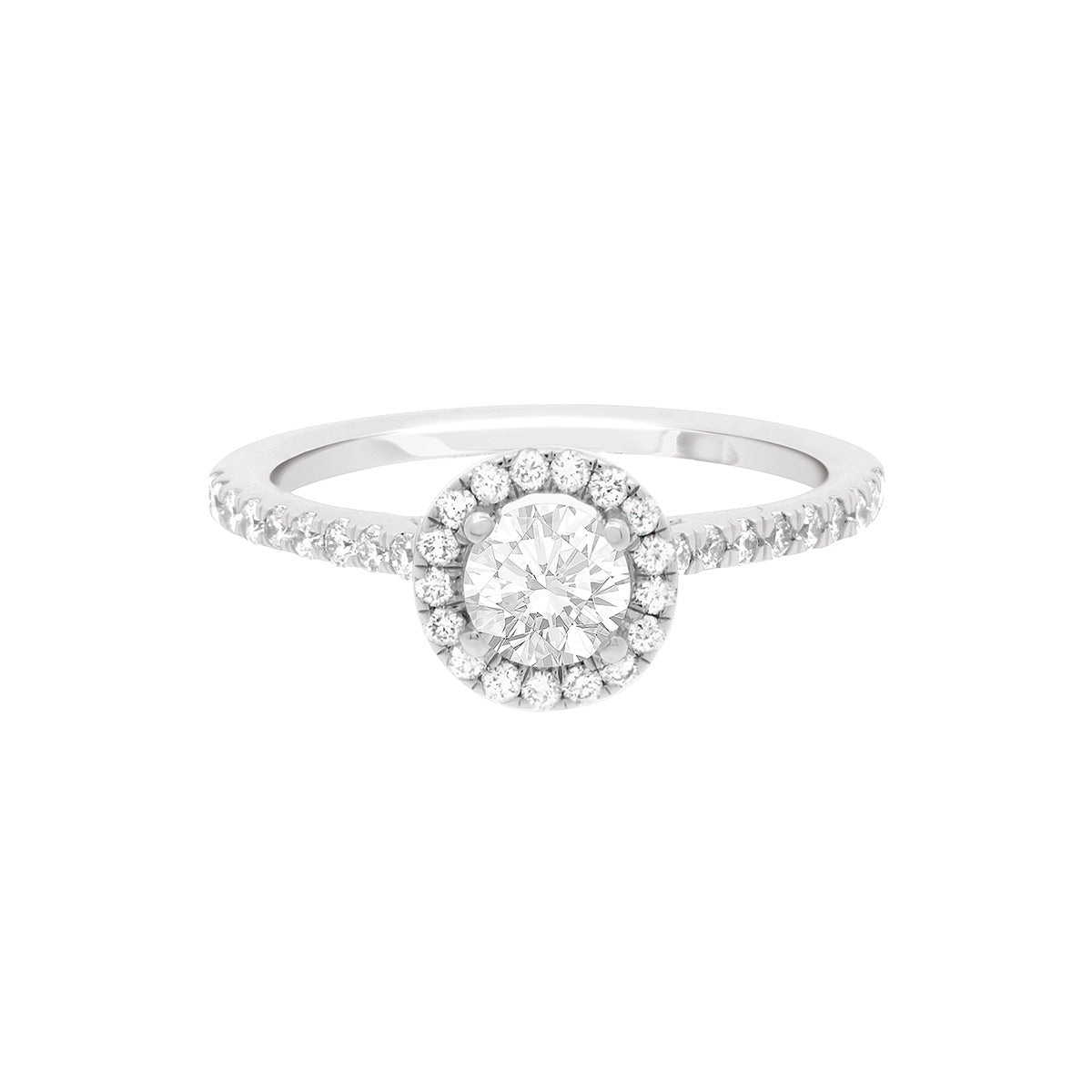 Round Halo Diamond Ring  in white gold laying flat on a white surface