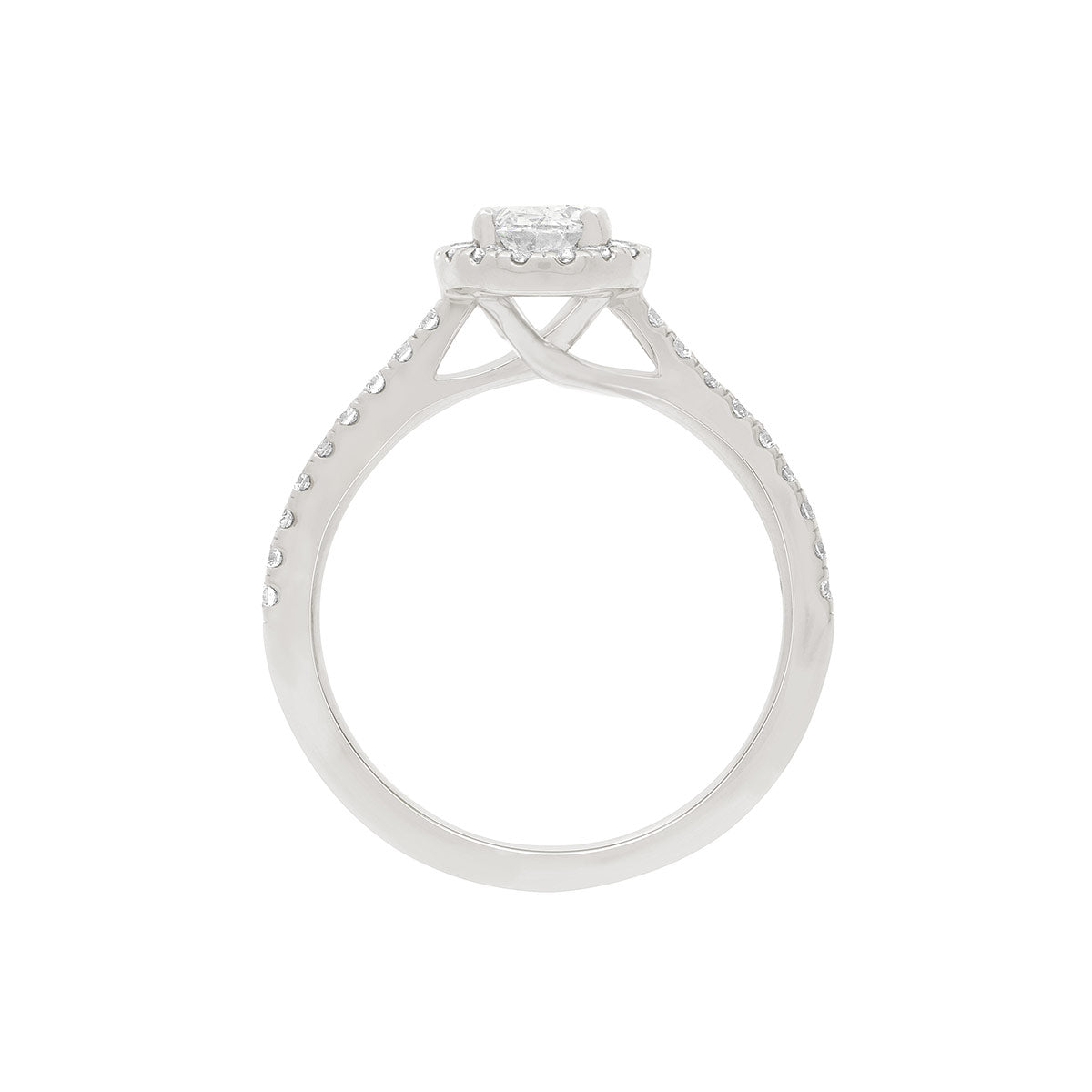 Round Halo Diamond Ring in white gold standing upright with a white background