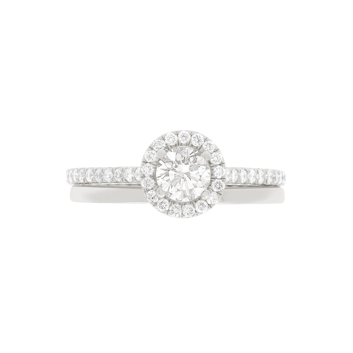Round Halo Diamond Ring in white gold with a matching plain wedding band