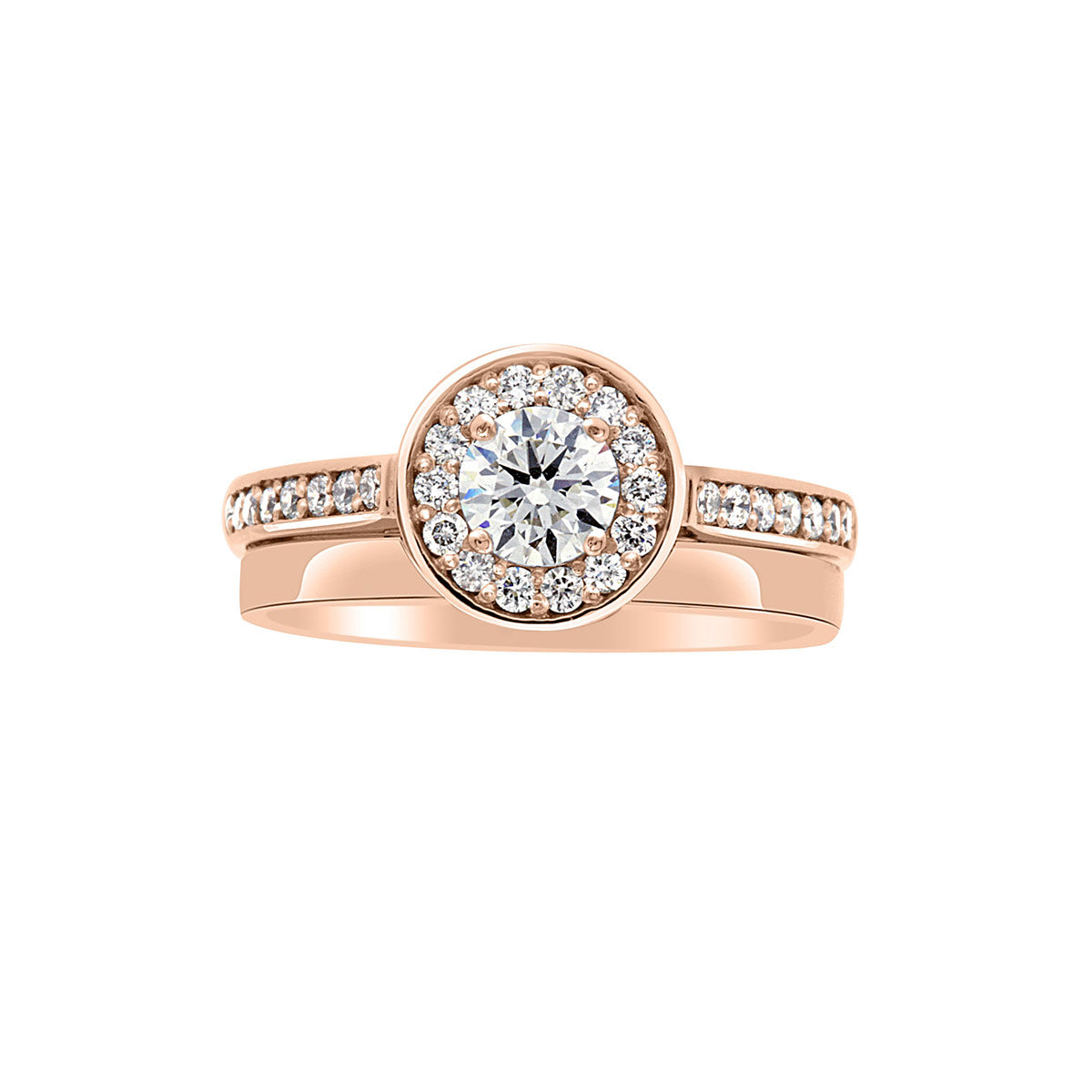 Round Halo Engagement Ring in rose gold with a matching plain wedding band