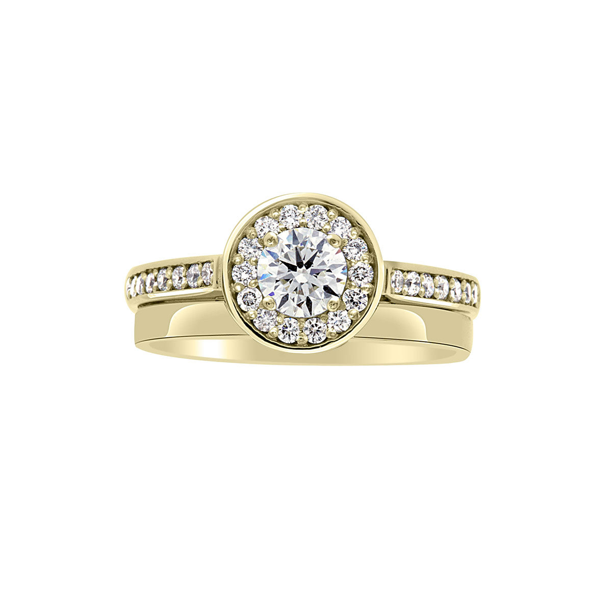 Round Halo Engagement Ring in yellow gold with a plain wedding ring