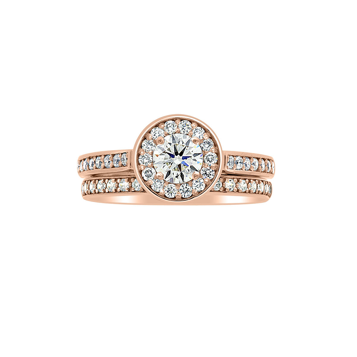 Round Halo Engagement Ring in rose gold with a matching diamond wedding band