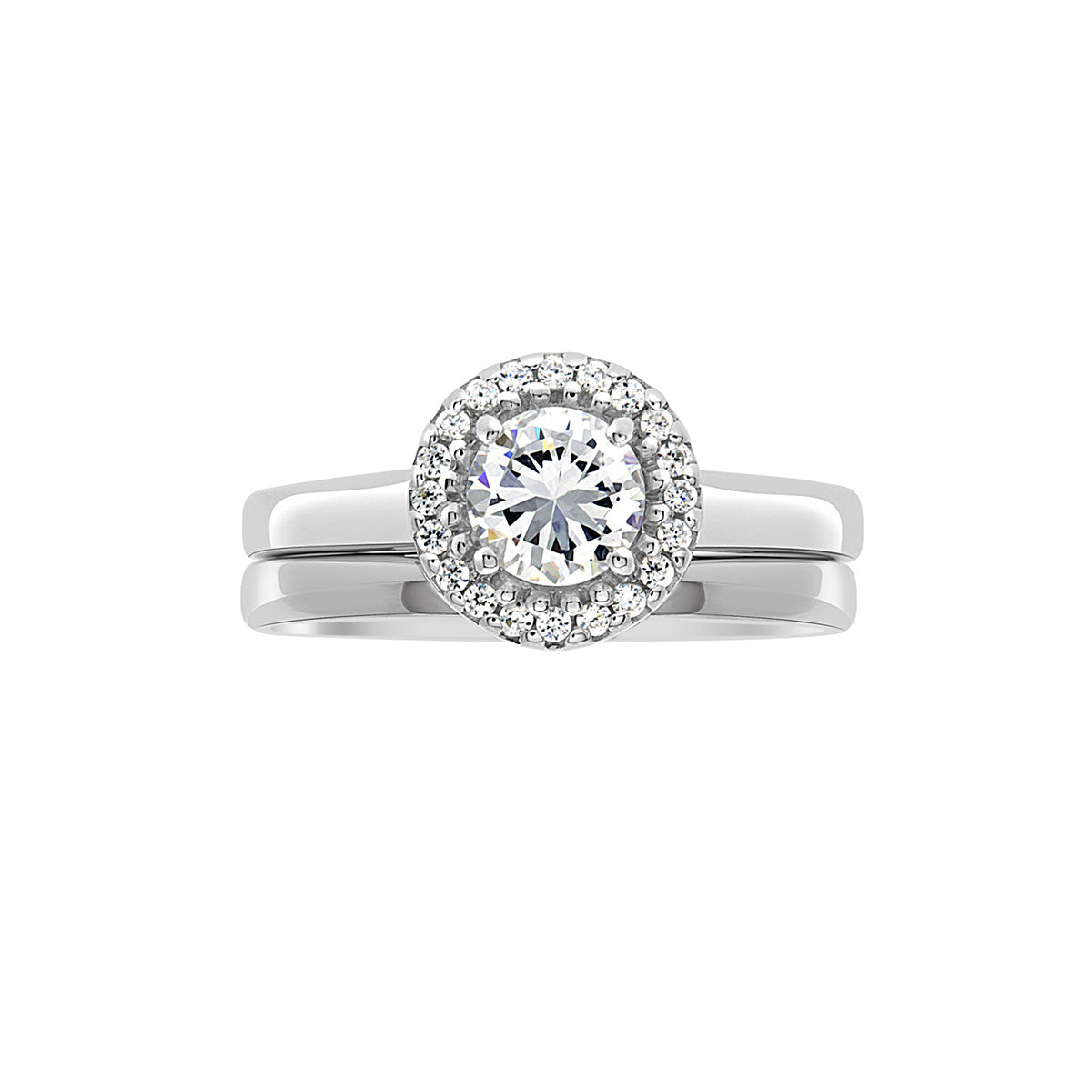 Round Vintage Engagement Ring in a horizontal position against a white background. Also featurning a matching plain wedding ring