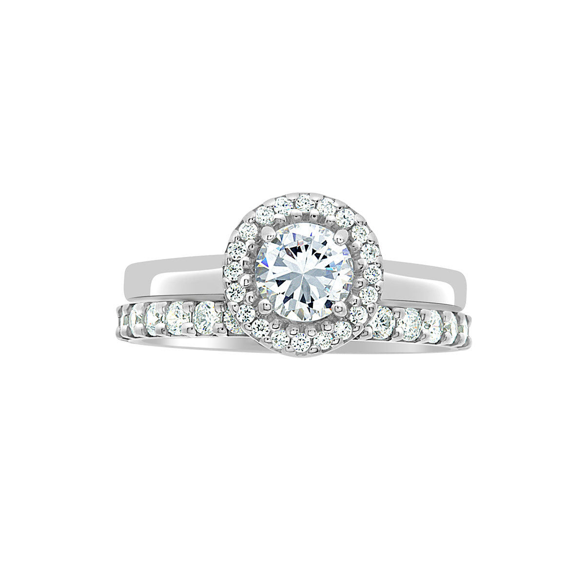 Round Vintage Engagement Ring in a horizontal position against a white background. Also featuring a matching diamond set wedding ring