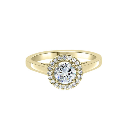 Round Vintage Engagement Ring in yellow gold,  a horizontal position against a white background.
