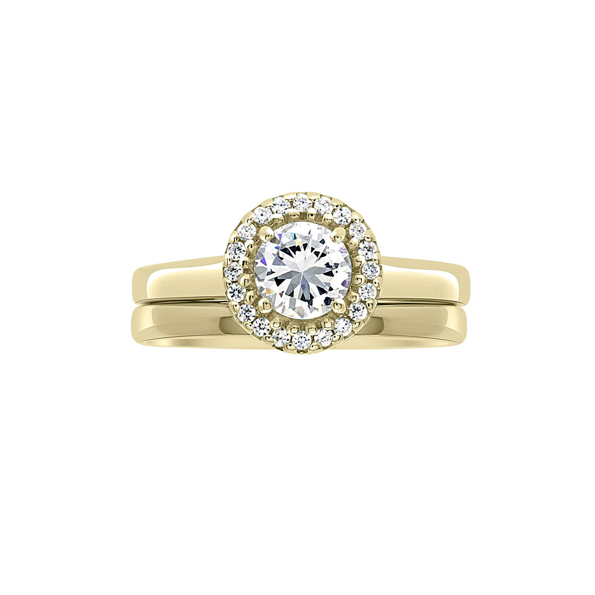 Round Vintage Engagement Ring in yellow gold,  a horizontal position against a white background. Also featuring a plain matching wedding band