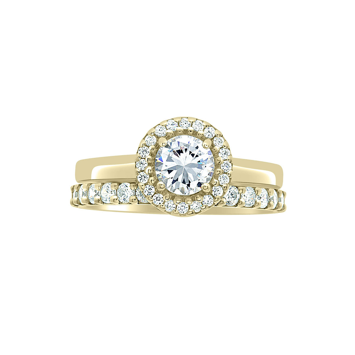 Round Vintage Engagement Ring in yellow gold,  a horizontal position against a white background. Also featuring a matching diamond set wedding band
