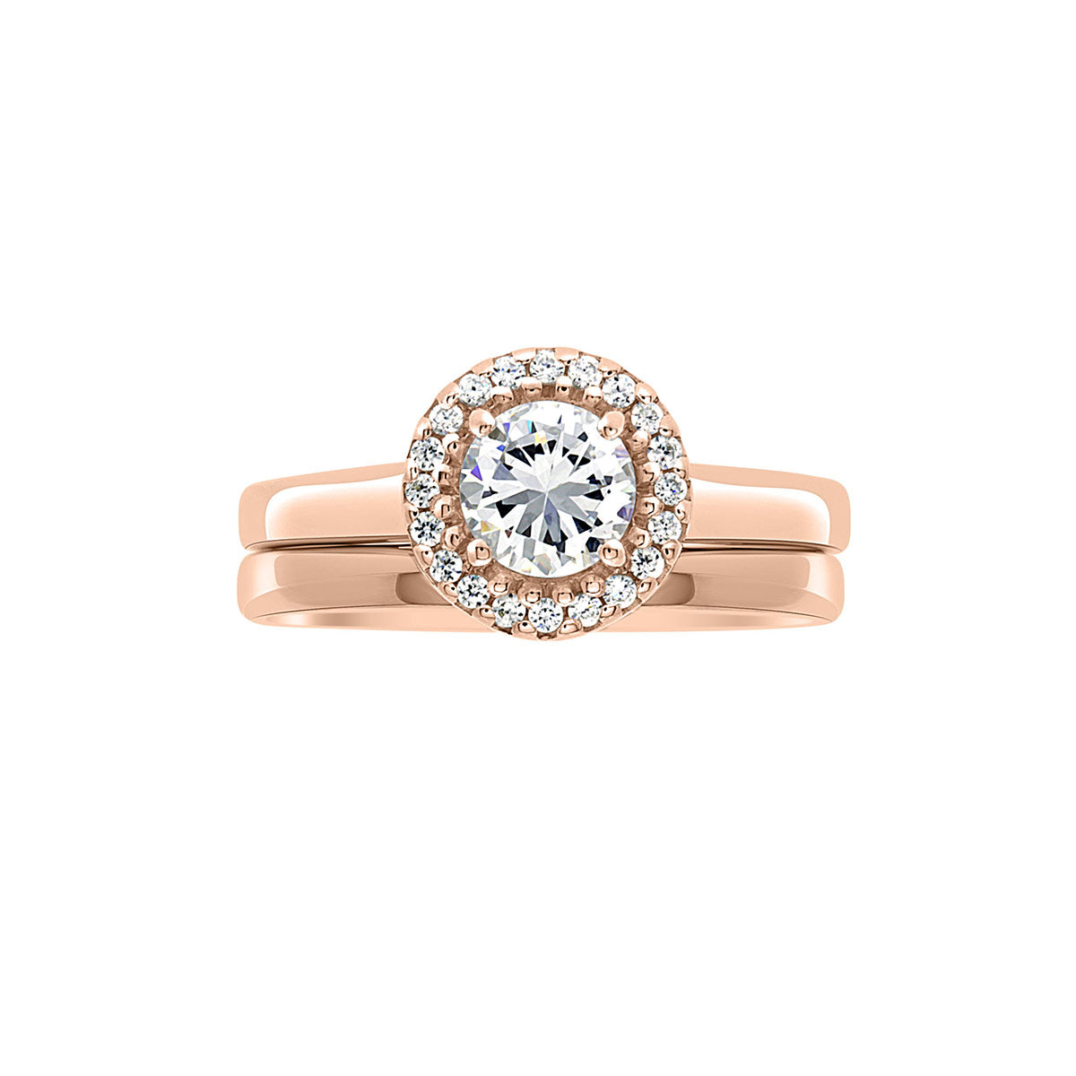 Round Vintage Engagement Ring in rose gold,  a horizontal position against a white background. with a matching plain wedding ring
