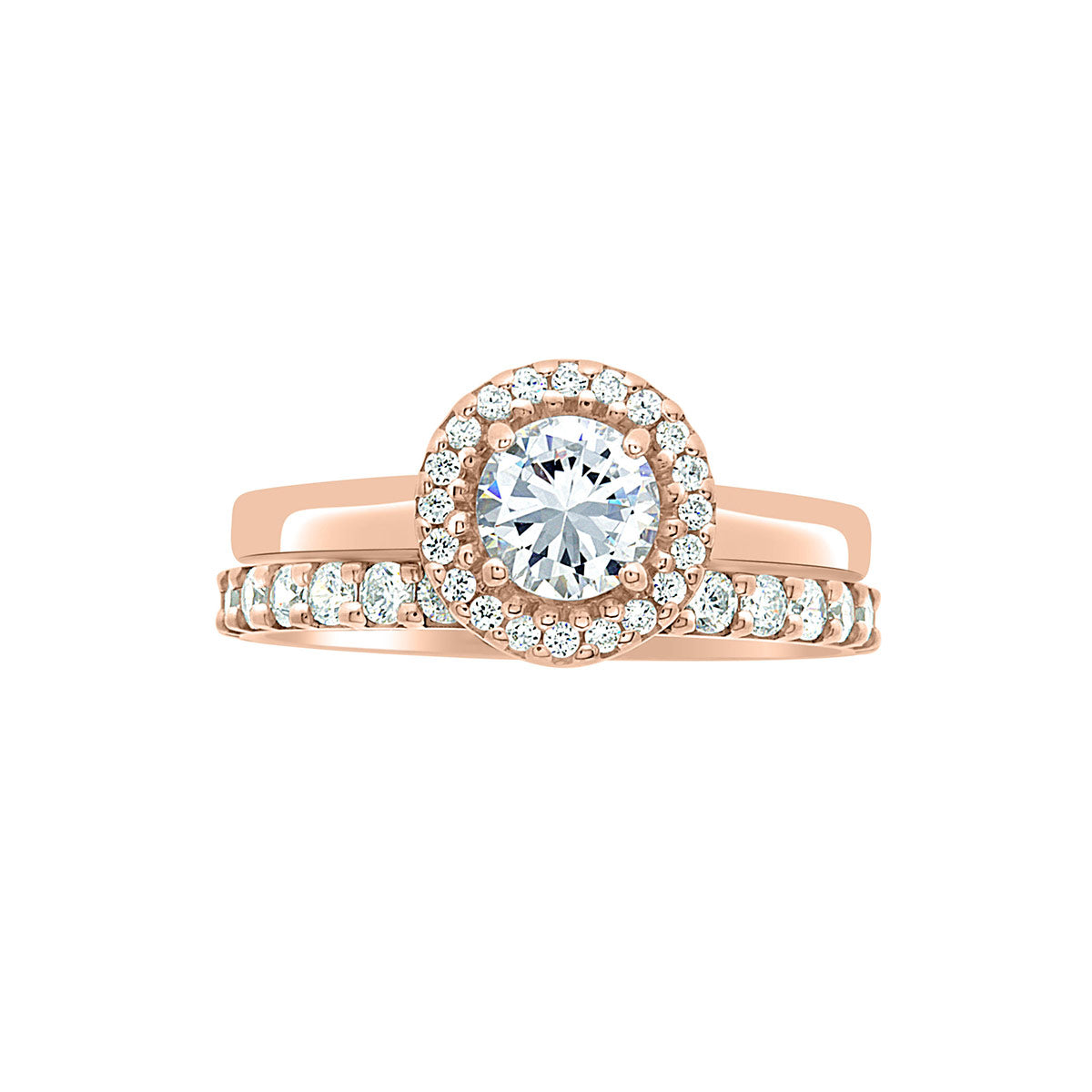 Round Vintage Engagement Ring in rose gold, a horizontal position against a white background. with a matching diamond wedding ring