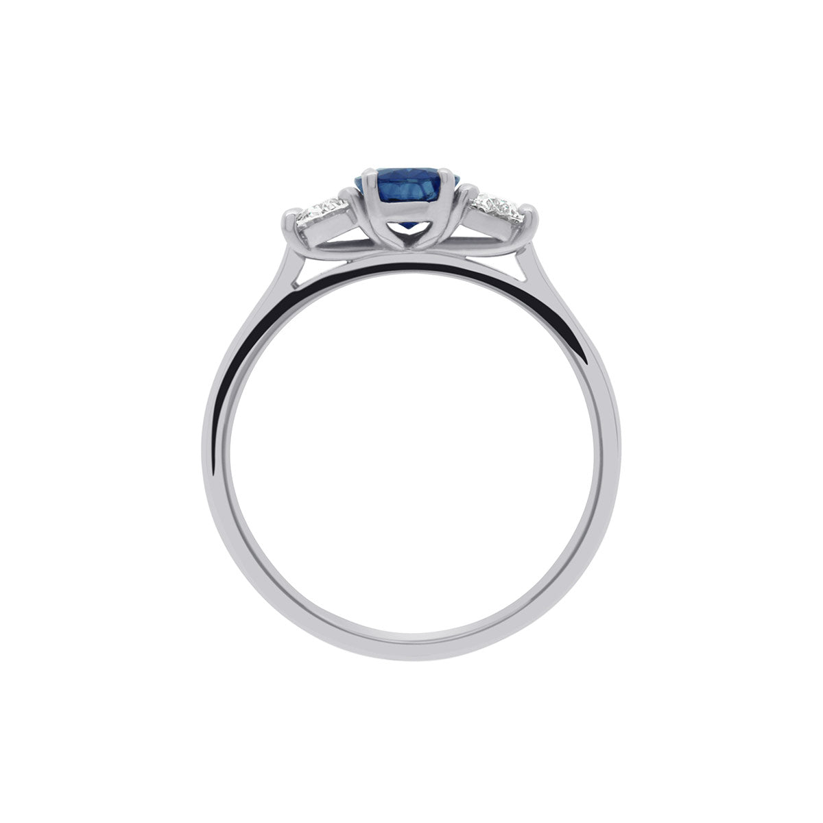 Sapphire &amp; Diamond Trilogy Ring in platinum950 in a vertical position
