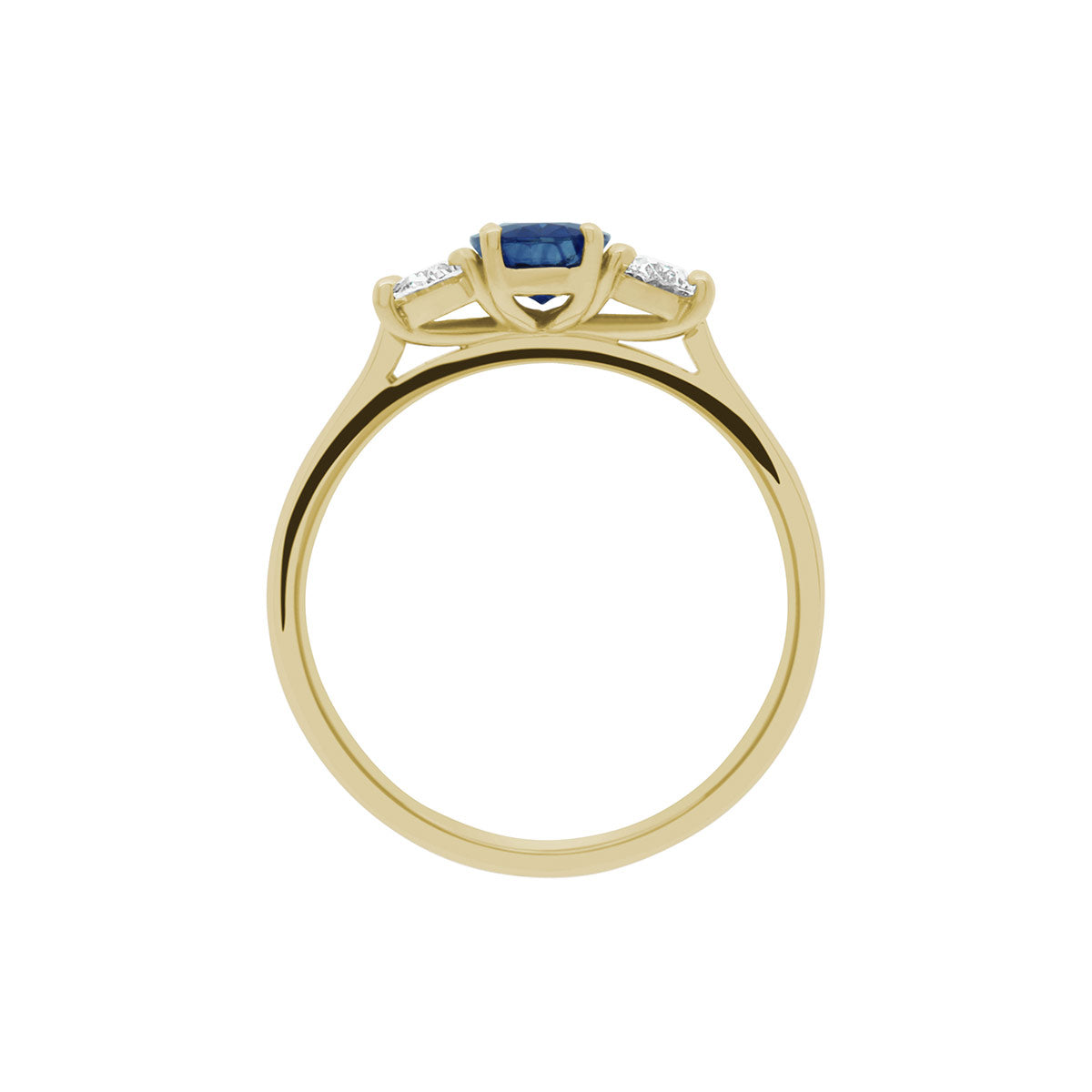 Sapphire &amp; Diamond Trilogy Ring made from yellow gold standing vertically