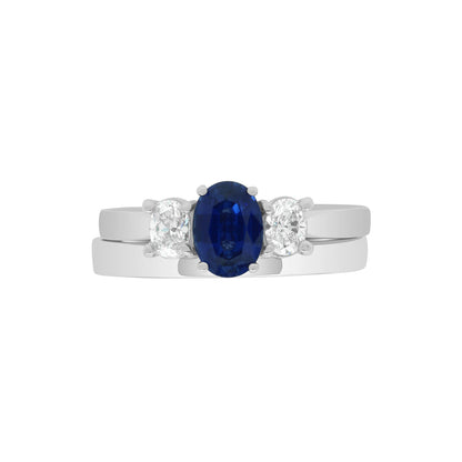 Sapphire &amp; Diamond Trilogy Ring in platinum950 with a matchng plain wedding ring