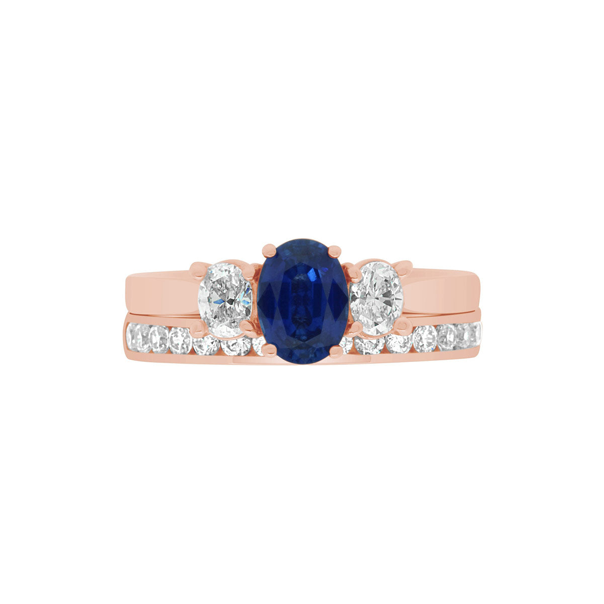 Sapphire &amp; Diamond Trilogy Ring made from red gold with a matching diamond set wedding ring