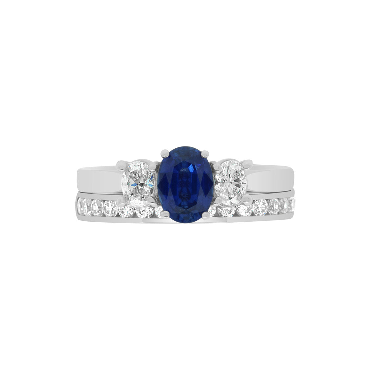 Sapphire &amp; Diamond Trilogy Ring made from platinum with a matching diamond set wedding ring