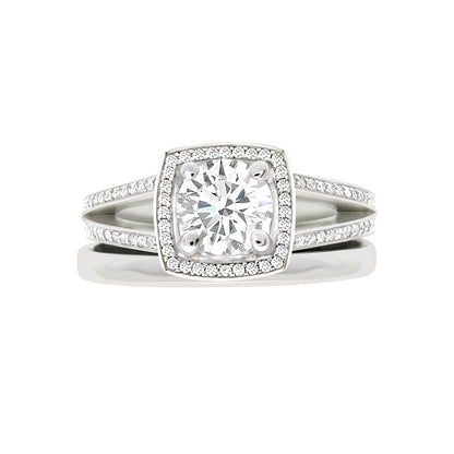 Split Band With Halo engagement ring in white gold with matching plain wedding band
