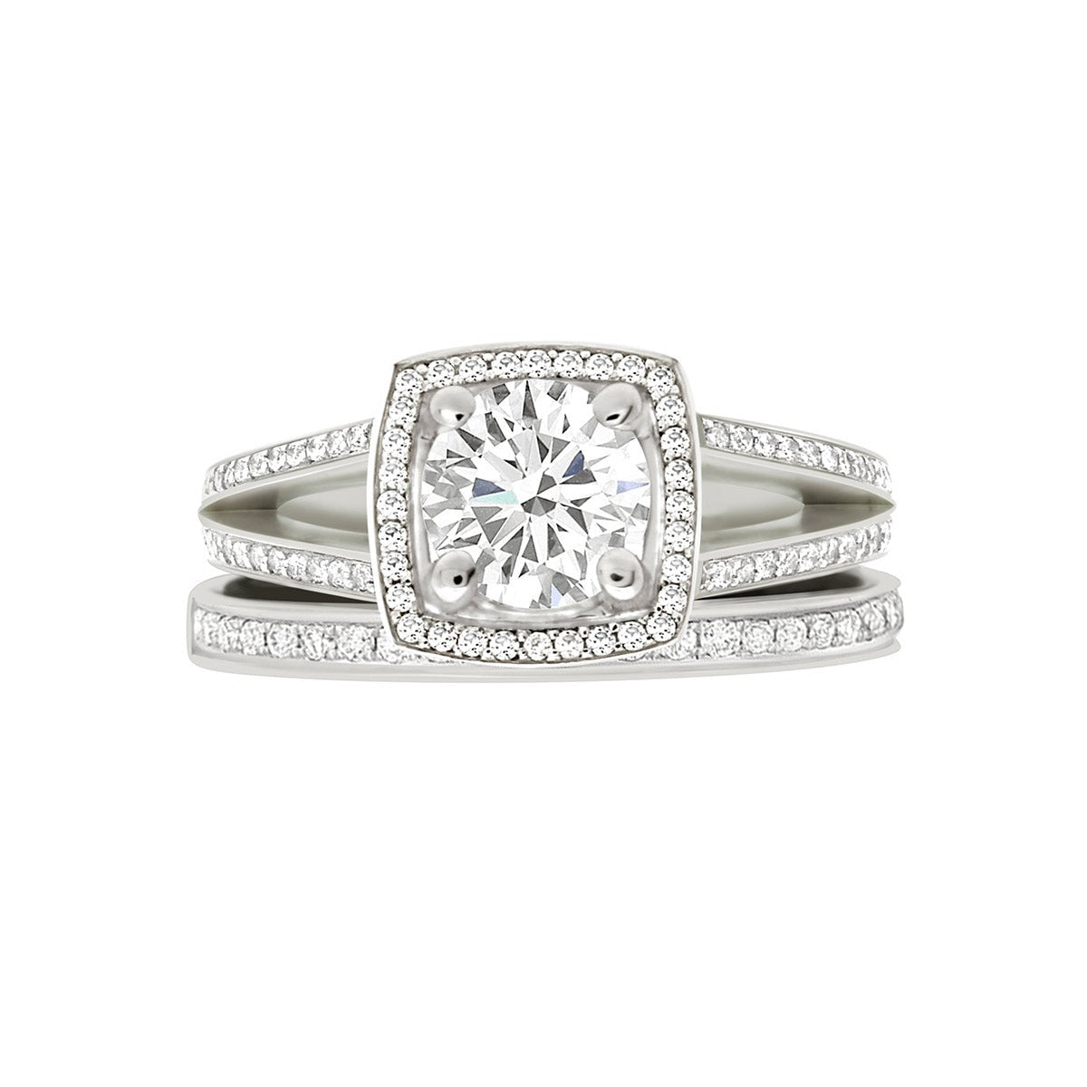 Split Band With Halo engagement ring in white gold with matching diamond wedding band