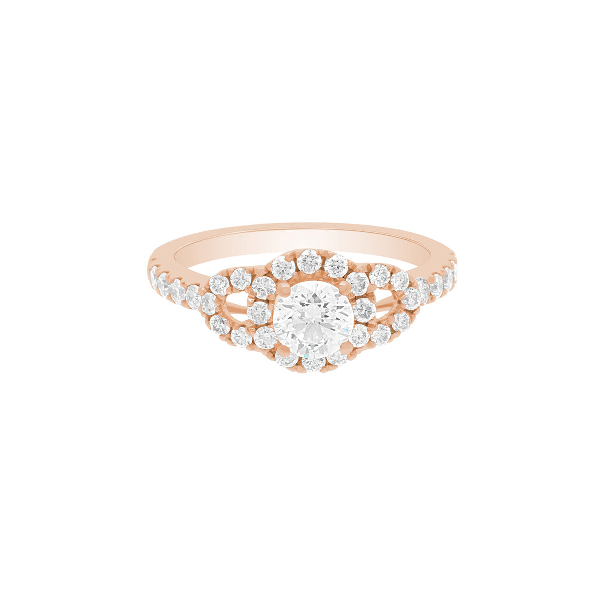 Triple Halo Engagement Ring  in rose gold laying flat, with white background