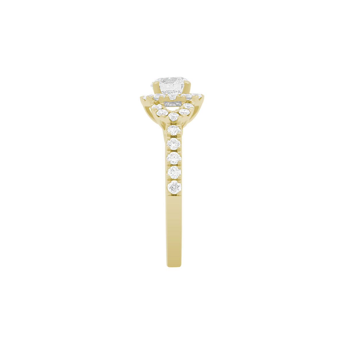 Triple Halo Engagement Ring  in yellow gold in side view upright position