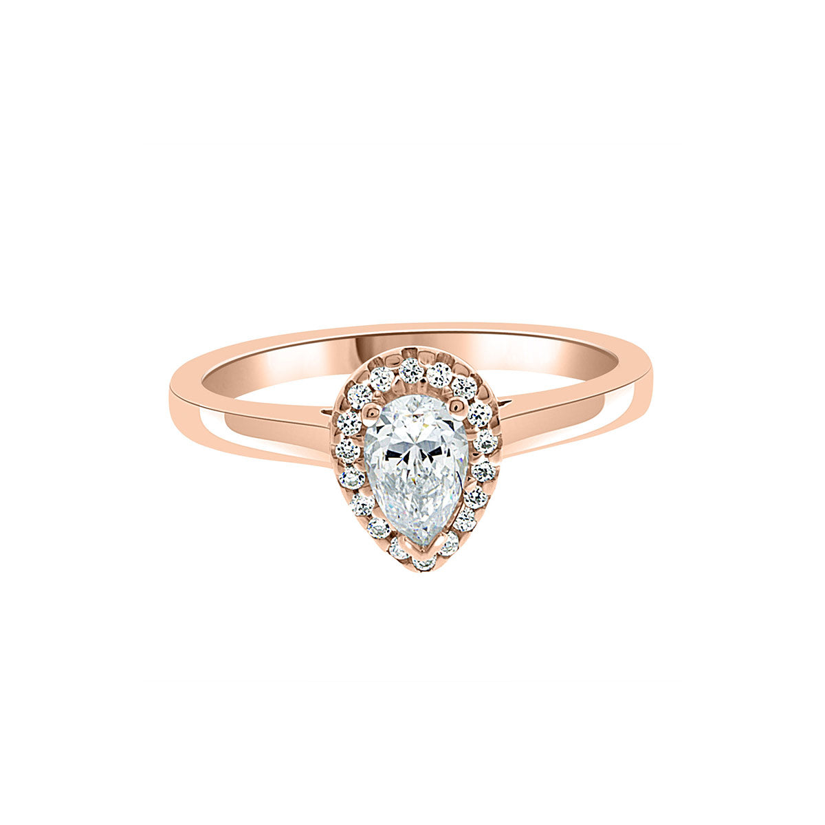 Vintage Engagement Ring with Pear Shape Diamond in rose gold, laying flat with a white background