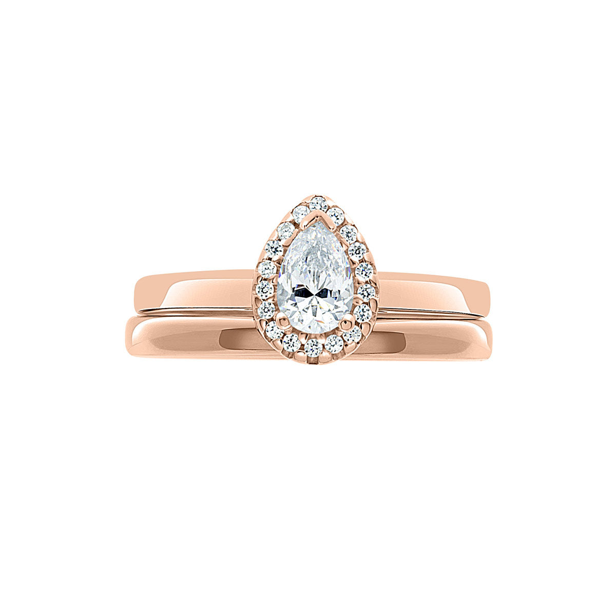 Vintage Engagement Ring with Pear Shape Diamond in rose gold with a matching rose gold plain wedding band
