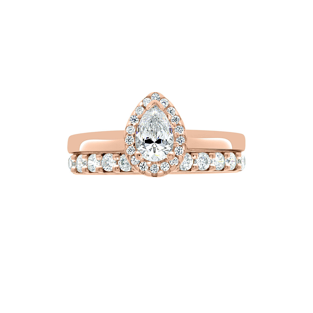 Vintage Engagement Ring with Pear Shape Diamond in Rose gold with a matching rose gold and diamond wedding ring