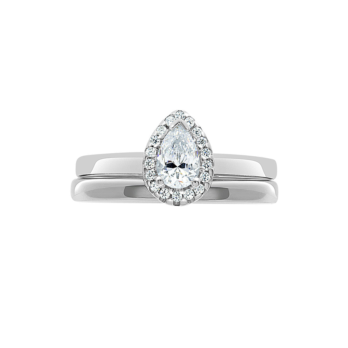 Vintage Engagement Ring with Pear Shape Diamond shown with a matching plain wedding ring, on white background