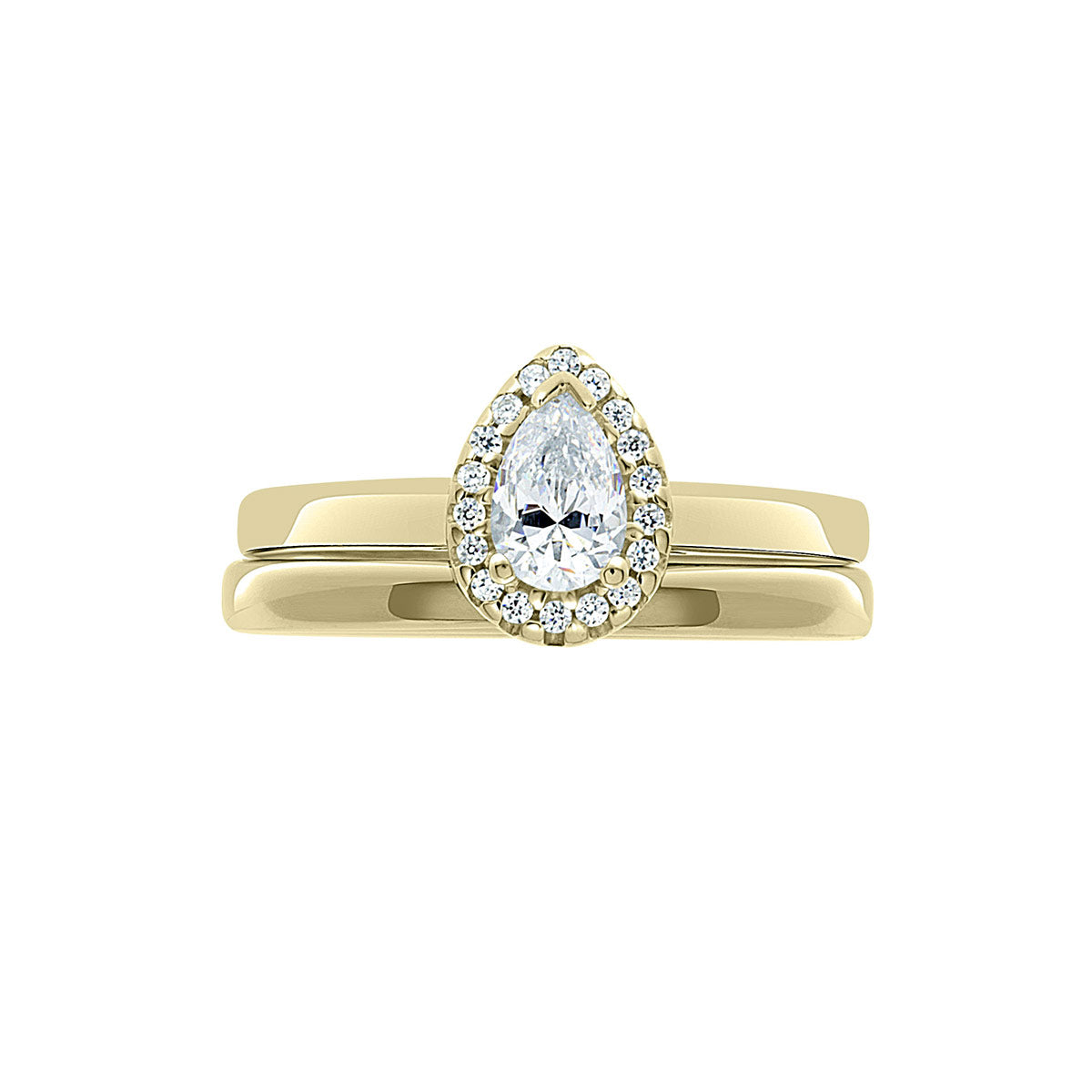 Vintage Engagement Ring with Pear Shape Diamond in yellow gold with a matching plain wedding ring