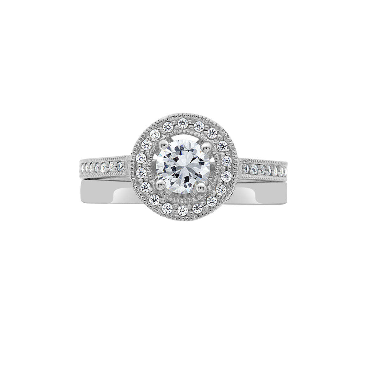 Vintage Style Ring in White Gold laying horizontal, with a matching plain white wedding ring