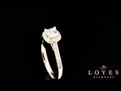 Asscher Halo Diamond Ring in white gold rotating in front of a black background