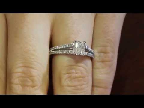 Radiant Cut Engagement ring in White Gold on a womans finger
